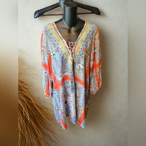 All About Her Boho Tunic Top XL Embroidered Patchwork Peasant Blouse Flowy